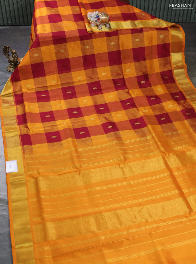 Silk cotton saree maroon and orange with allover paalum pazhamum checks & zari buttas and zari woven border