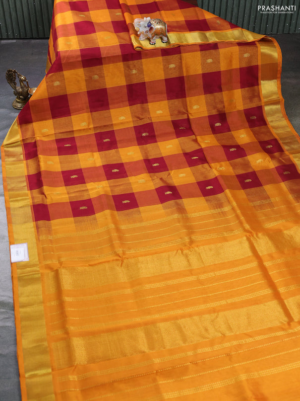 Silk cotton saree maroon and orange with allover paalum pazhamum checks & zari buttas and zari woven border