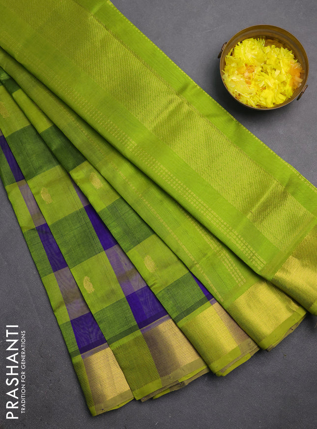 Silk cotton saree multi color and light green with allover paalum pazhamum checks & zari buttas and zari woven border