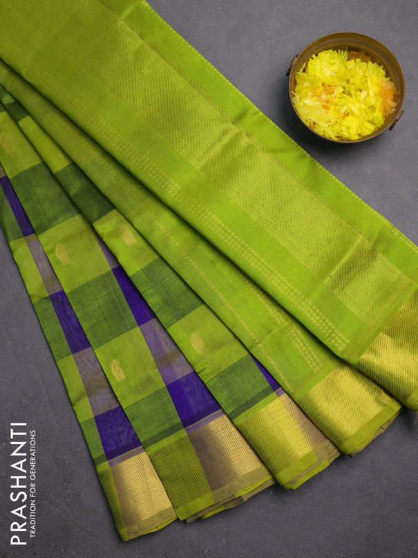 Silk cotton saree multi color and light green with allover paalum pazhamum checks & zari buttas and zari woven border