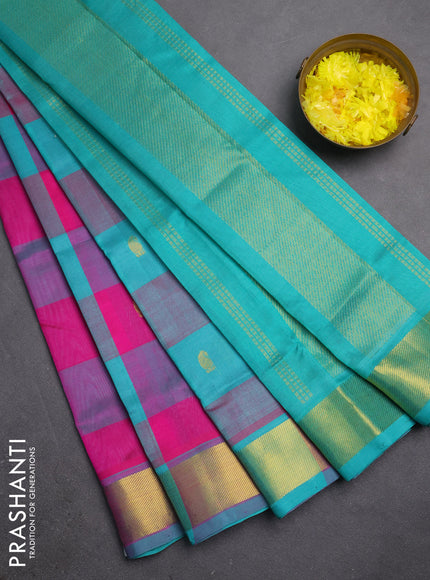 Silk cotton saree pink and teal green with allover paalum pazhamum checks & zari buttas and zari woven border