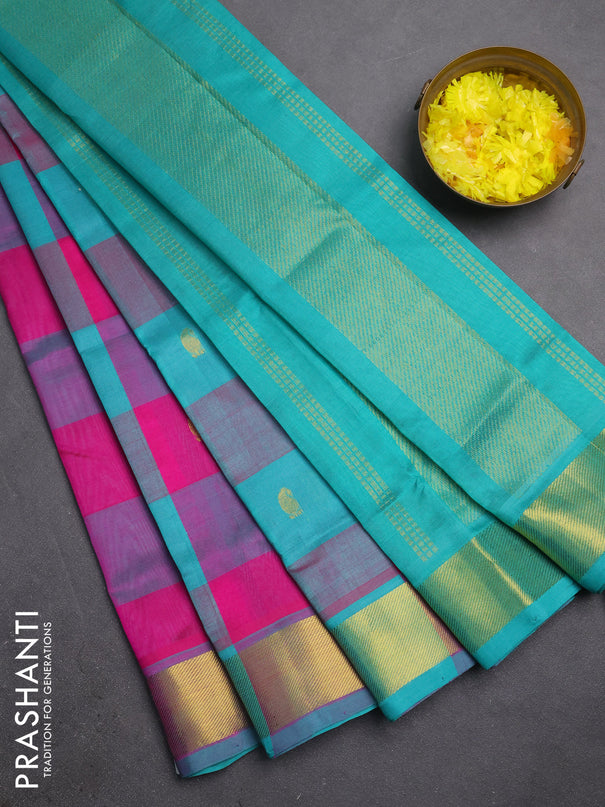 Silk cotton saree pink and teal green with allover paalum pazhamum checks & zari buttas and zari woven border