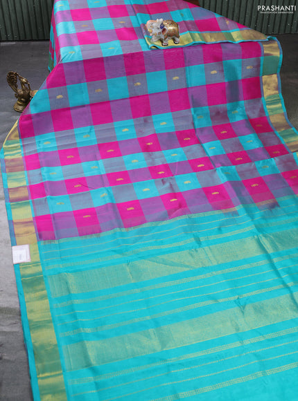 Silk cotton saree pink and teal green with allover paalum pazhamum checks & zari buttas and zari woven border