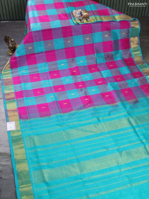 Silk cotton saree pink and teal green with allover paalum pazhamum checks & zari buttas and zari woven border
