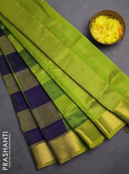 Silk cotton saree dark blue and light green with allover paalum pazhamum checks & zari buttas and zari woven border
