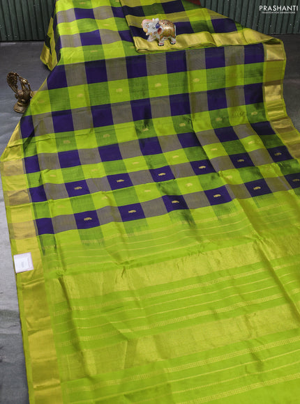 Silk cotton saree dark blue and light green with allover paalum pazhamum checks & zari buttas and zari woven border