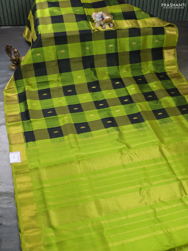 Silk cotton saree black and light green with allover paalum pazhamum checks & zari buttas and zari woven border