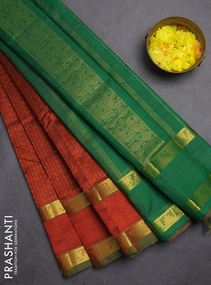 Silk cotton saree rustic orange and green with allover lakshadeepam weaves and rettapet zari woven border