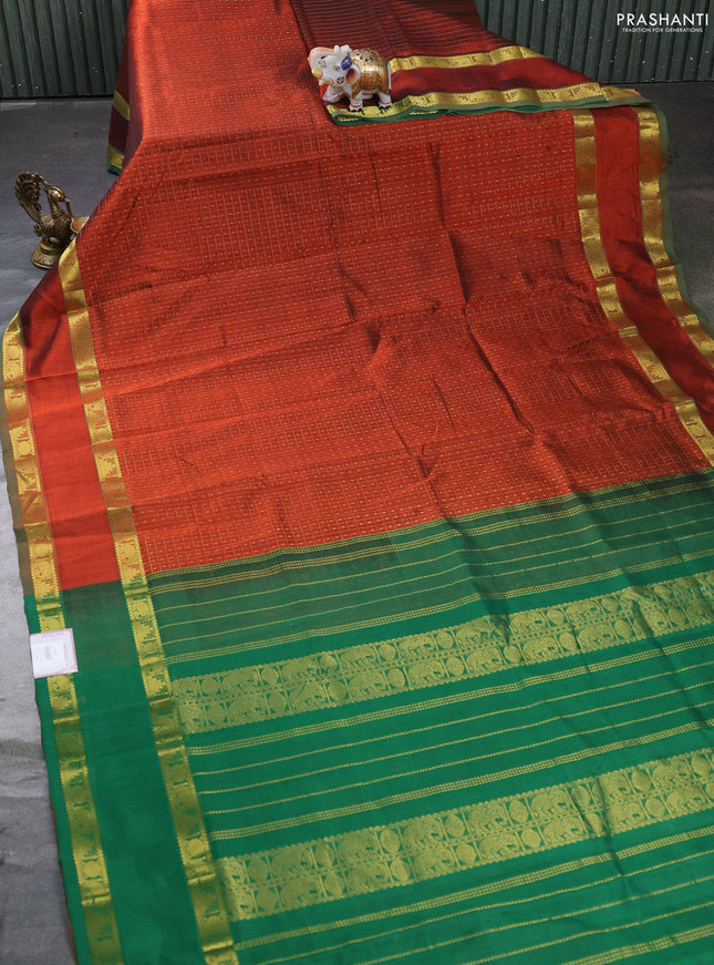 Silk cotton saree rustic orange and green with allover lakshadeepam weaves and rettapet zari woven border