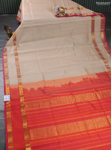 Silk cotton saree beige and dual shade of pinkish orange with allover lakshadeepam weaves and rettapet zari woven border
