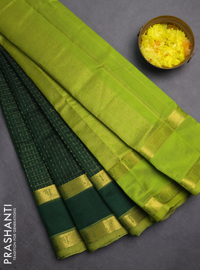 Silk cotton saree bottle green and light green with allover lakshadeepam weaves and rettapet zari woven border