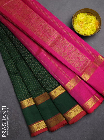 Silk cotton saree bottle green and pink with allover lakshadeepam weaves and rettapet zari woven border