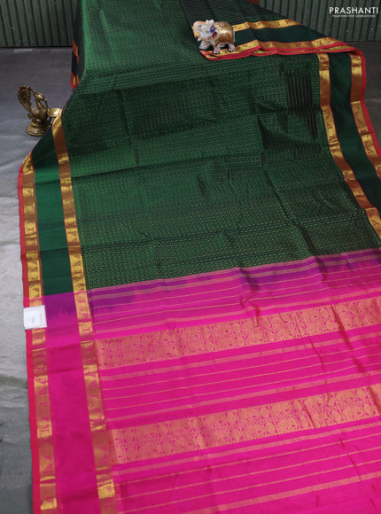 Silk cotton saree bottle green and pink with allover lakshadeepam weaves and rettapet zari woven border
