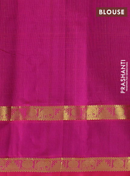 Silk cotton saree bottle green and pink with allover lakshadeepam weaves and rettapet zari woven border