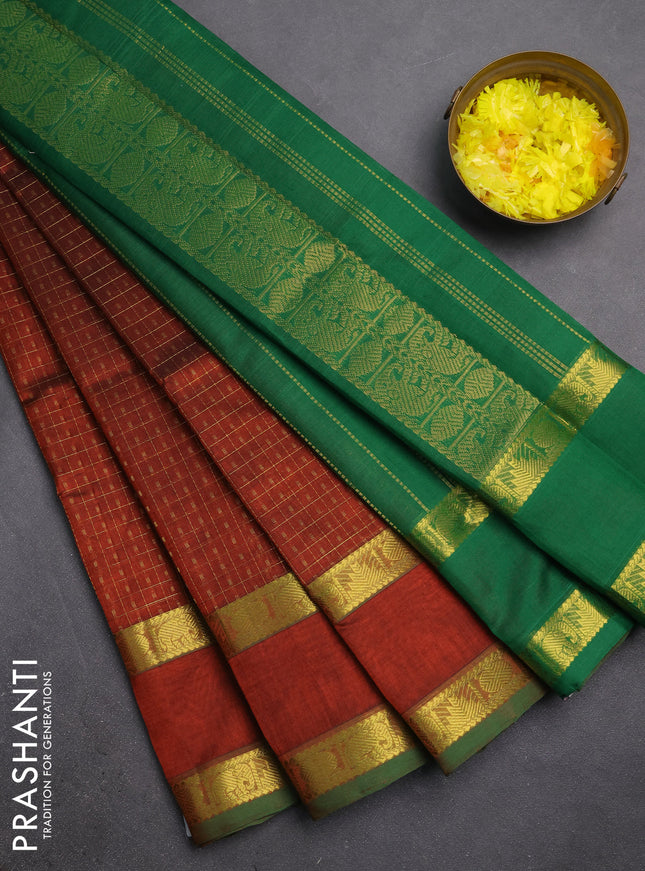 Silk cotton saree brown and green with allover lakshadeepam weaves and rettapet zari woven border