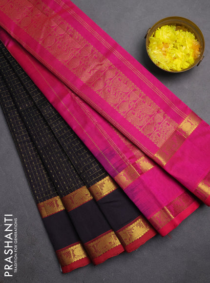 Silk cotton saree deep jamun shade and pink with allover lakshadeepam weaves and rettapet zari woven border
