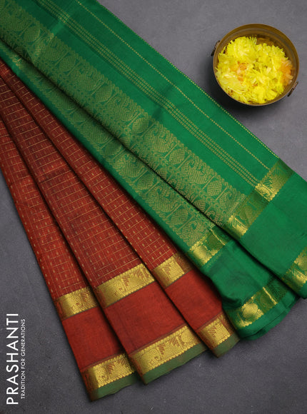 Silk cotton saree rust shade and green with allover lakshadeepam weaves and rettapet zari woven border