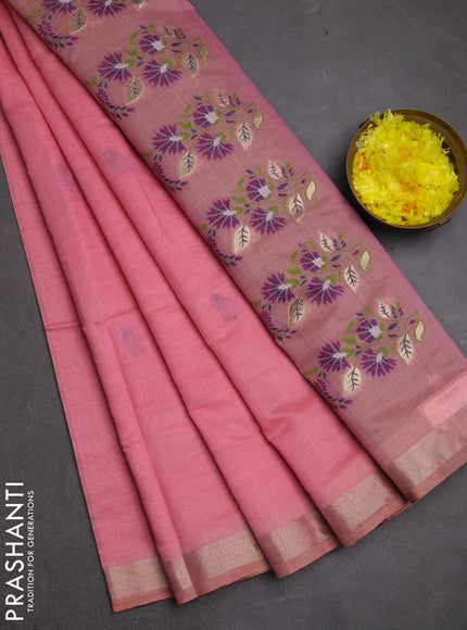 Jamdhani cotton saree pink and light green with allover thread woven buttas and jamdhani pallu