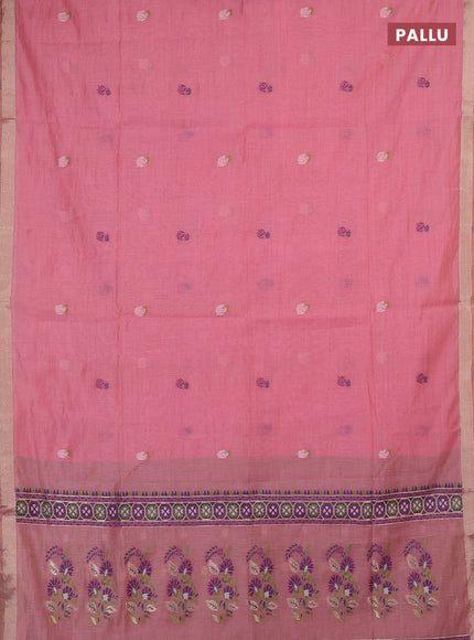 Jamdhani cotton saree pink and light green with allover thread woven buttas and jamdhani pallu