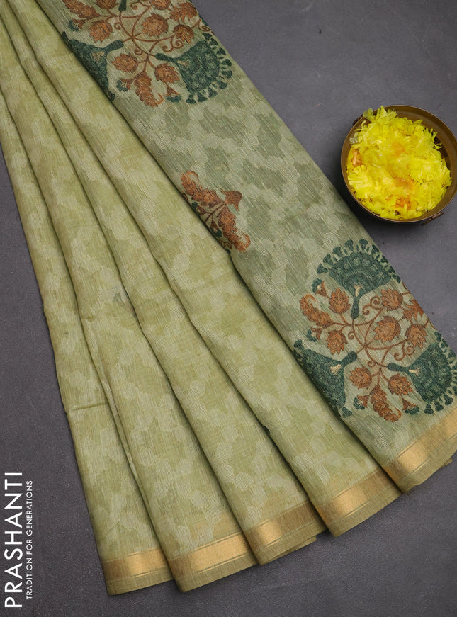Jamdhani cotton saree pista green and bottle green with allover thread woven buttas and jamdhani pallu