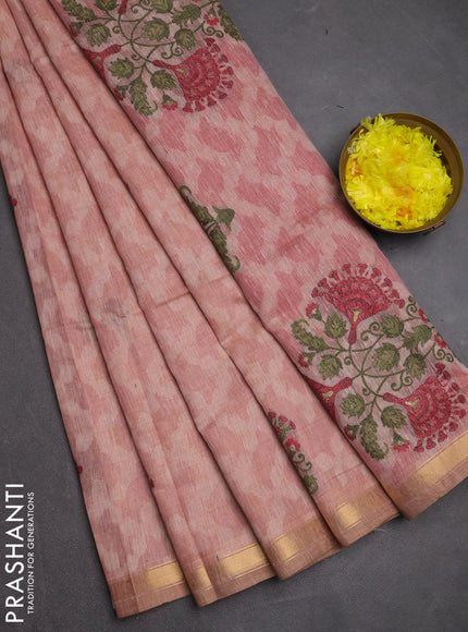 Jamdhani cotton saree peach pink and maroon with allover thread woven buttas and jamdhani pallu