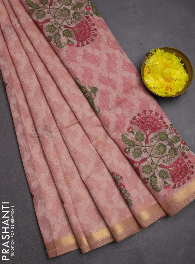 Jamdhani cotton saree peach pink and maroon with allover thread woven buttas and jamdhani pallu