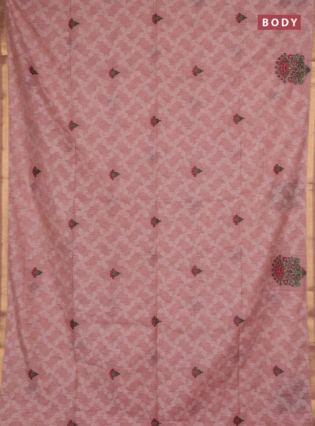 Jamdhani cotton saree peach pink and maroon with allover thread woven buttas and jamdhani pallu