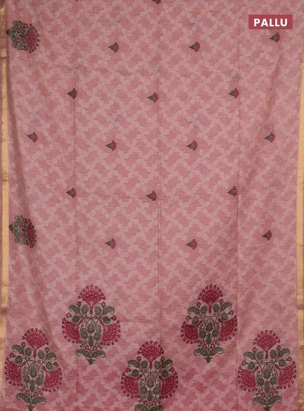 Jamdhani cotton saree peach pink and maroon with allover thread woven buttas and jamdhani pallu
