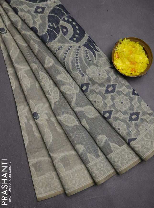 Jamdhani cotton saree grey and navy blue with allover thread weaves and jamdhani pallu