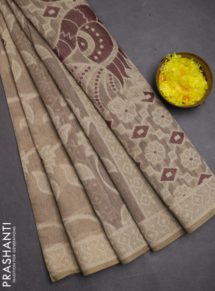 Jamdhani cotton saree beige and coffee brown with allover thread weaves and jamdhani pallu