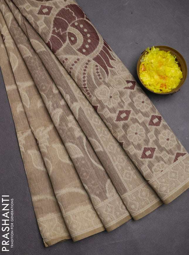 Jamdhani cotton saree beige and coffee brown with allover thread weaves and jamdhani pallu