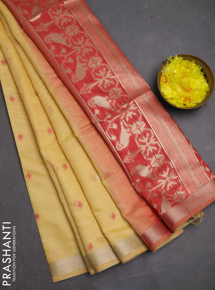 Jamdhani cotton saree pale yellow and red with allover thread & zari woven buttas and jamdhani pallu