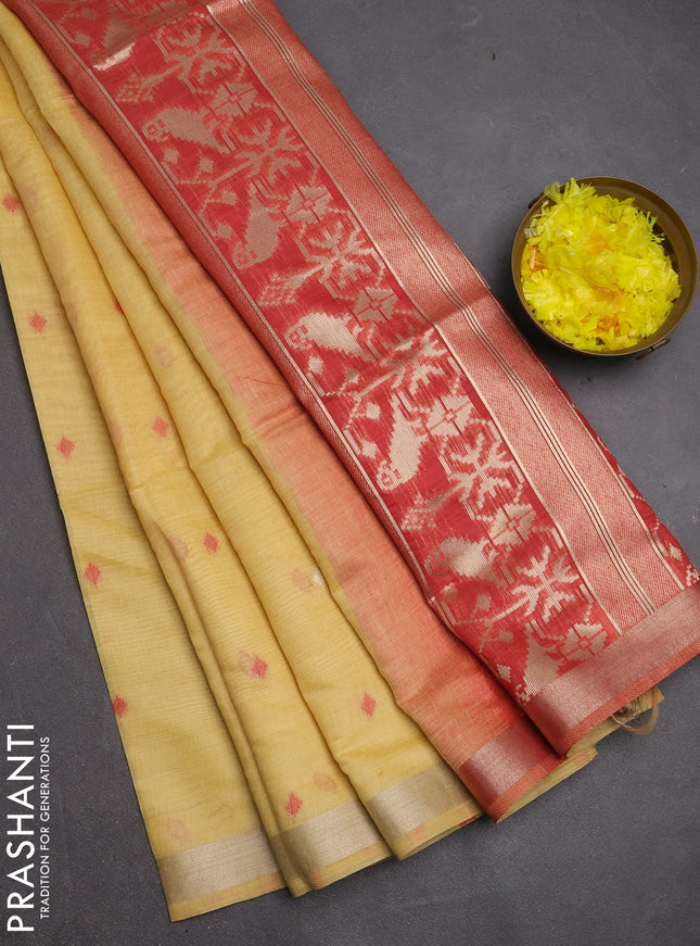 Jamdhani cotton saree pale yellow and red with allover thread & zari woven buttas and jamdhani pallu