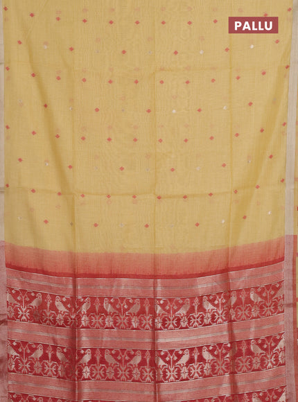 Jamdhani cotton saree pale yellow and red with allover thread & zari woven buttas and jamdhani pallu