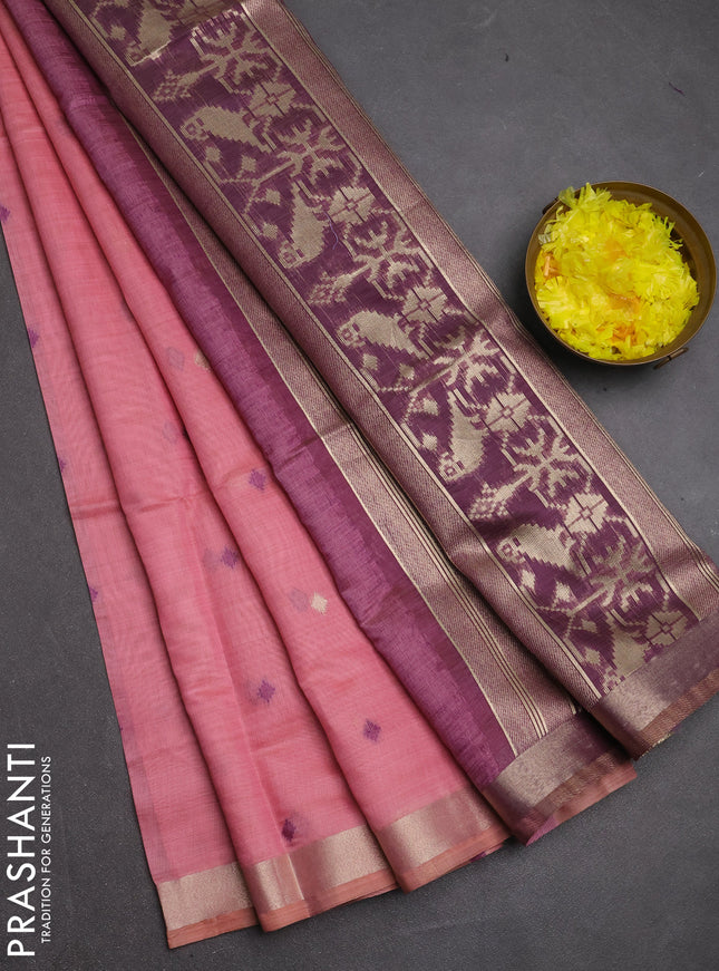 Jamdhani cotton saree peach pink and purple with allover thread & zari woven buttas and jamdhani pallu