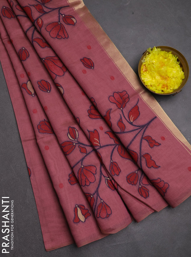 Jamdhani cotton saree dark peach with allover thread woven buttas and jamdhani pallu