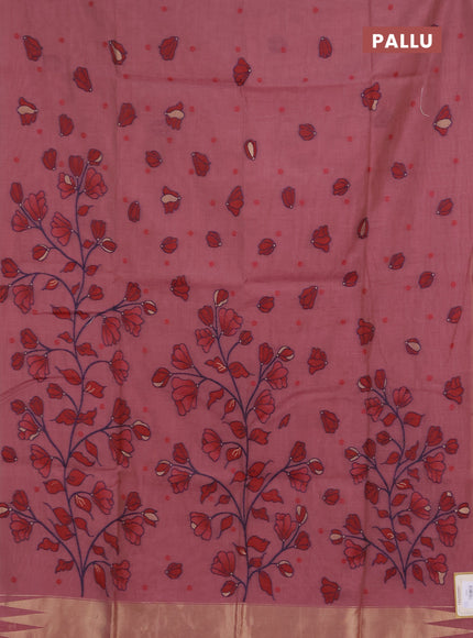 Jamdhani cotton saree dark peach with allover thread woven buttas and jamdhani pallu
