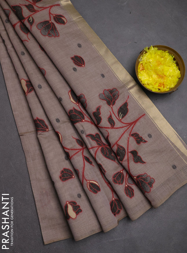 Jamdhani cotton saree dark beige with allover thread woven buttas and jamdhani pallu