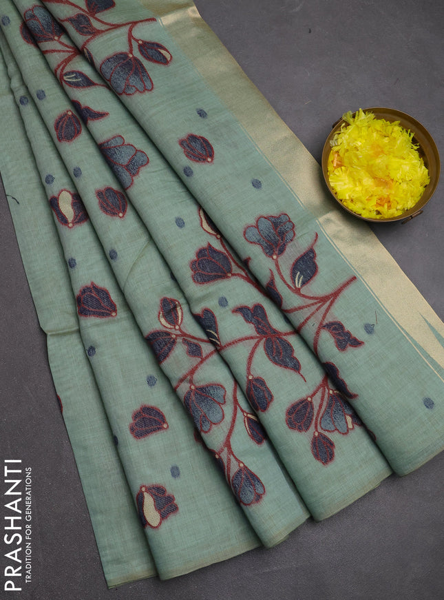 Jamdhani cotton saree blue shade with allover thread woven buttas and jamdhani pallu