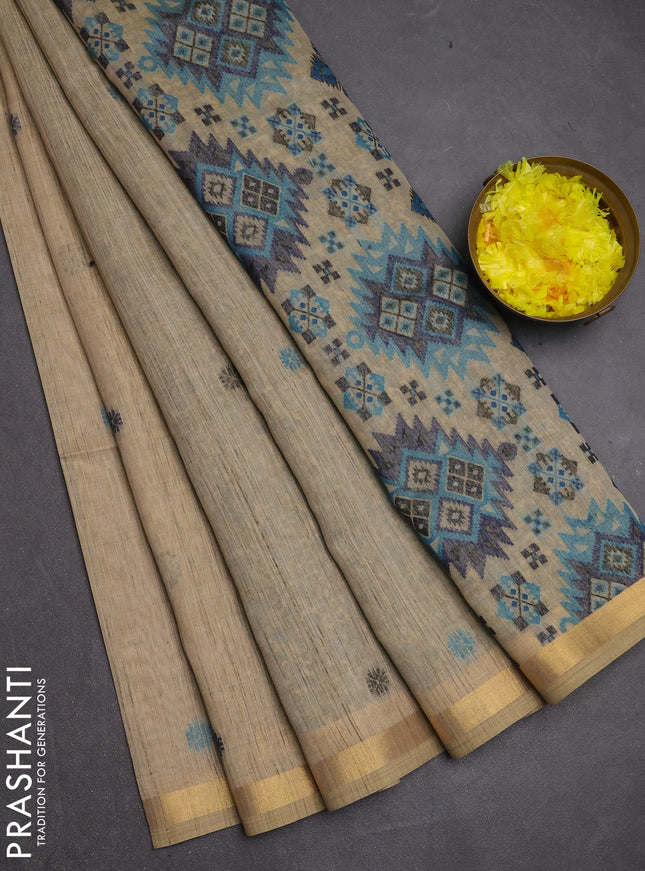 Jamdhani cotton saree beige and blue with allover thread woven buttas and jamdhani pallu