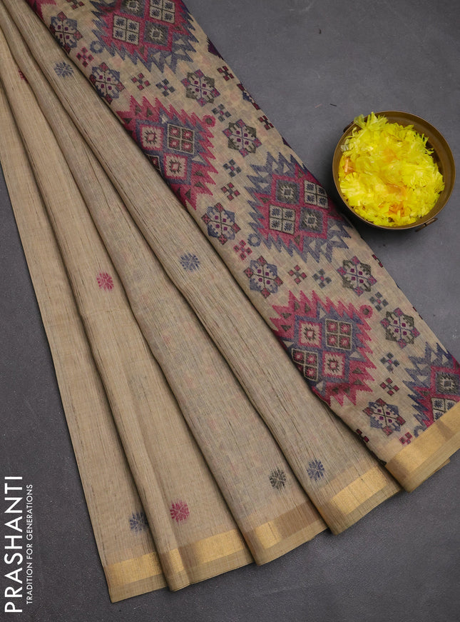 Jamdhani cotton saree beige and purple with allover thread woven buttas and jamdhani pallu