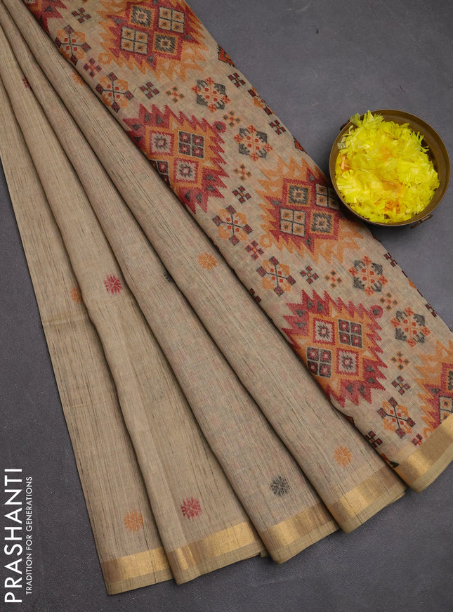 Jamdhani cotton saree beige and maroon with allover thread woven buttas and jamdhani pallu