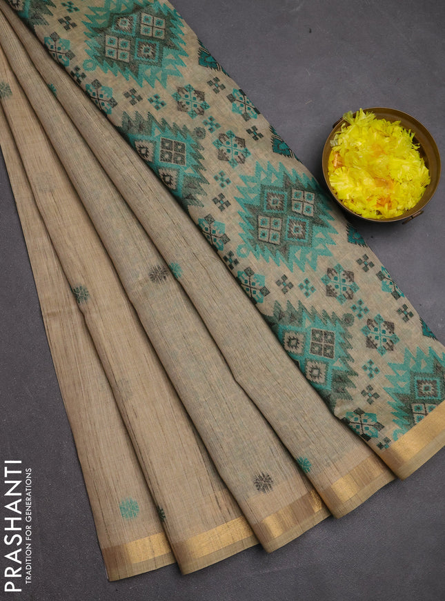 Jamdhani cotton saree beige and green with allover thread woven buttas and jamdhani pallu