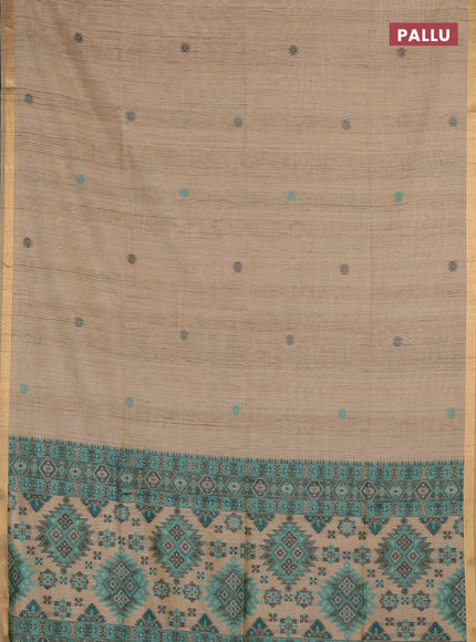 Jamdhani cotton saree beige and green with allover thread woven buttas and jamdhani pallu
