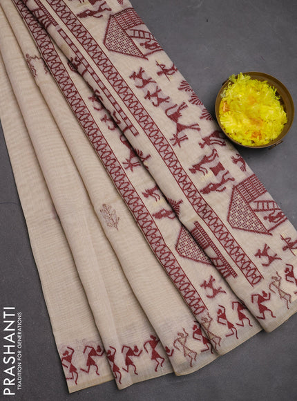 Jamdhani cotton saree beige and maroon with thread & zari woven warli buttas and jamdhani pallu