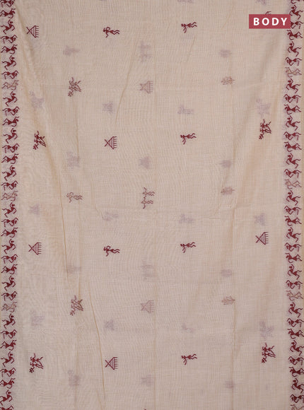 Jamdhani cotton saree beige and maroon with thread & zari woven warli buttas and jamdhani pallu