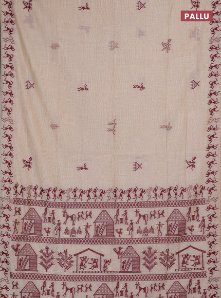 Jamdhani cotton saree beige and maroon with thread & zari woven warli buttas and jamdhani pallu
