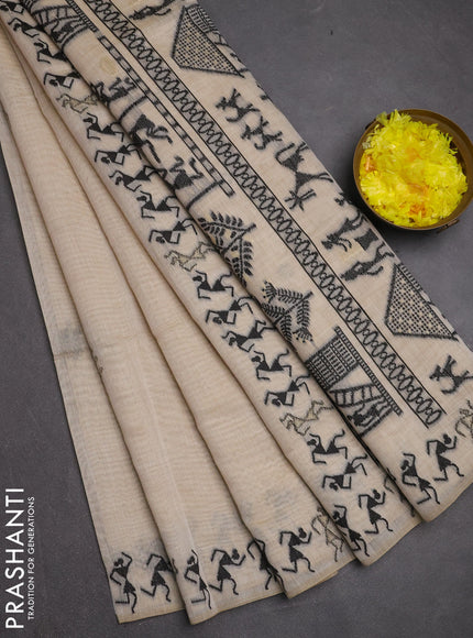 Jamdhani cotton saree beige and black with thread & zari woven warli buttas and jamdhani pallu