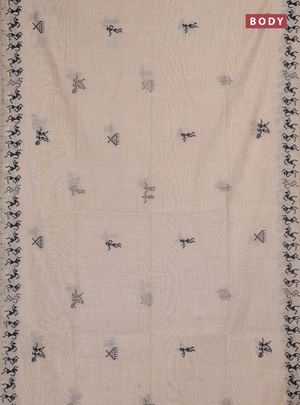 Jamdhani cotton saree beige and black with thread & zari woven warli buttas and jamdhani pallu