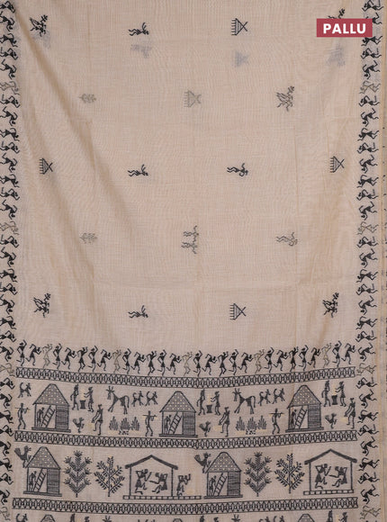 Jamdhani cotton saree beige and black with thread & zari woven warli buttas and jamdhani pallu